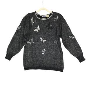 MARIEA KIM VTG Patchwork Sweater Women L Black/Silver Butterfly Retro 90's Y2K